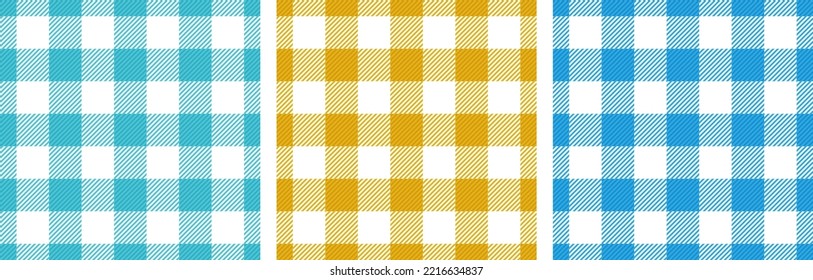 Checkered napkin crossed lines modern seamless paterns vector set. Gingham checkered flannel fabric print for table cloth. Crossed stripes blanket texture.