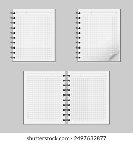 Checkered notebook. Notepad with open pages, bent sheet, cover and spiral (binder) for writing and taking notes. Vector illustration of stationery.