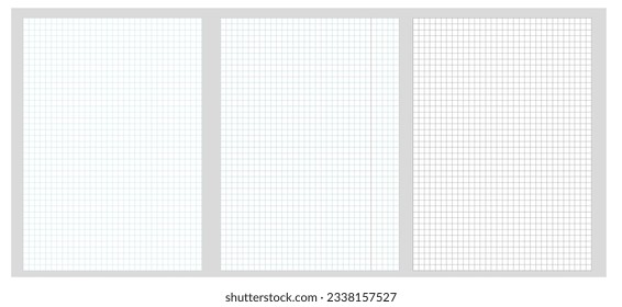 Checkered notebook page. Seamless pattern of blank checkered page with margins. White note page with blue and black lines. Square grid template. Geometric vector background.