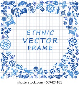 Checkered Notebook paper frame. Cave painting tribal ethnic symbols - round ethnic background for text