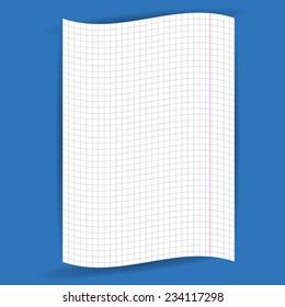 checkered notebook paper on  blue background. vector