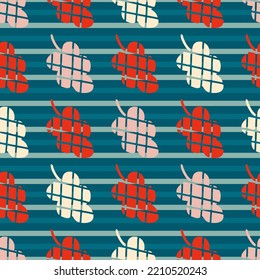 Checkered oak leaves on striped background seamless pattern. Autumn print for tee, paper, fabric, textile. Hand drawn vector illustration for decor and design. 


