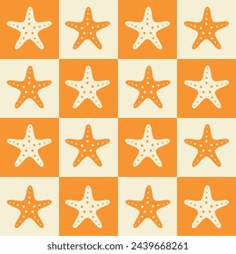 Checkered orange and white starfish seamless pattern. For summer print, wrapping paper, fabric and textile 