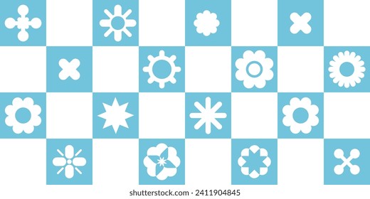 Checkered ornament with geometric flowers. Seamless modern youthful contemporary backdrop