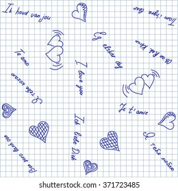 Checkered paper - hearts pattern. Hand drawn, ink sketch vector design.