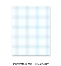 Checkered paper sheet. Blank white notebook page with shadow isolated on  white. Stationery for education and office. Torn cell paper of school exercise book. Realistic vector illustration.  