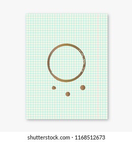 Checkered paper sheet with coffee stains. Blank notebook page with shadow isolated on  white. Morning or breakfast on the workplace concept. Vector illustration.  