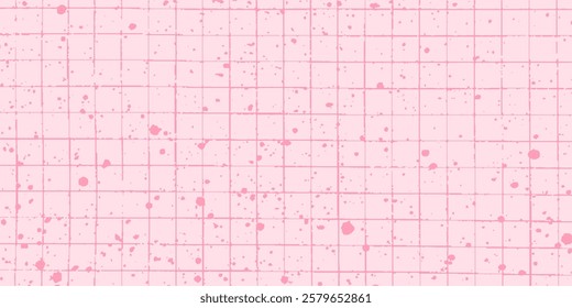 Checkered paper sheet with pink ink splashes. Gritty halftone effect in monochrome. Tiny paint drips and stains scattered across the surface.