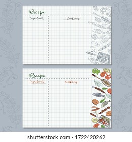 Checkered paper sheets with barbecue elements to write your recipes for a delicious lunch in nature