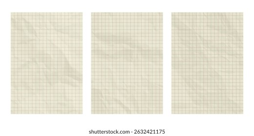 Folhas de papel xadrez. Páginas amassadas em branco do bloco de anotações de escola. Textura do plano de fundo de papel antigo