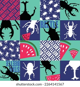 Checkered pattern with beetles and stag beetles,