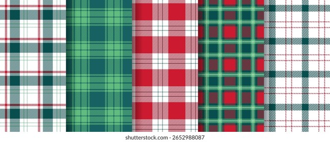 Padrão xadrez. Natal fundo sem costura. Coloque as impressões verdes em vermelho. Tecido de camisa de Tartan. Texturas de gingham de flanela. Toalha de mesa Vichy lumberjack. Cenários de verificação geométrica. Ilustração vetorial