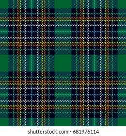 Checkered pattern for college uniform. Simple geometric woolen print. Yellow, blue, white stripes on dark green background. Retro textile design collection.