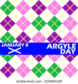 a checkered pattern of colorful jewels commonly known as argyle originating from Scotland with bold text to celebrate Argyle Day on January 8 in Scotland