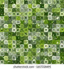 Checkered pattern consisting of square curls made with a careless brush. The colors of green forest. Camouflage.