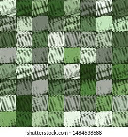 Checkered pattern consisting of square zigzags made with a careless brush. Colors of green jungle. Camouflage.