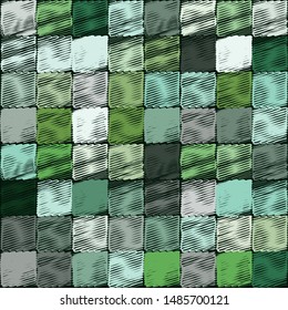Checkered pattern consisting of square zigzags made with a careless brush. Colors of the green jungle. Camouflage.