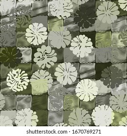 Checkered pattern consisting of square zigzags made with a careless brush. Colors of green jungle. Camouflage. The first layer consists of round blots.