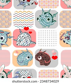 Checkered pattern with cute dragons on a white background. Vector.