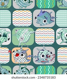 Checkered pattern with cute dragons on a green background. Vector.