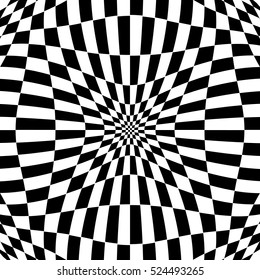 Checkered pattern with distortion effect. Deformed, irregular chessboard, checkerboard background.