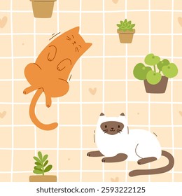 Checkered pattern with domestic cats and plants. Seamless vector print with pets and flower pots.