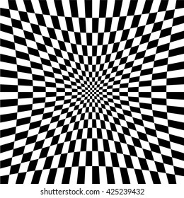 Checkered pattern with "fisheye" distortion. Monochrome texture with squares. Editable vector illustration.