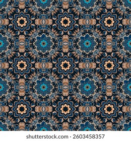 Checkered pattern with flowers, leaves, mandalas and curls in blue, grey and beige tones on a black background. Seamless print for fabric in ethnic style.
