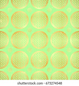 Checkered pattern of green and golden circles. Greenand gold pattern of circles in the mesh. Vector seamless