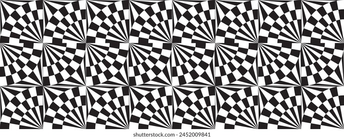 Checkered pattern: lines radiating from the center. Monochrome Optical Illusion. Vector illustration. 