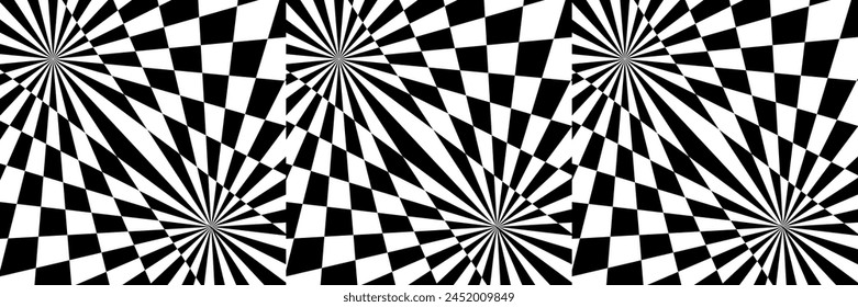 Checkered pattern: lines radiating from the center. Monochrome Optical Illusion. Vector illustration. 