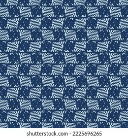 Checkered pattern made of parallelogram patches of two kinds. Repeated decorative design in blue tones. Abstract textile fabric.