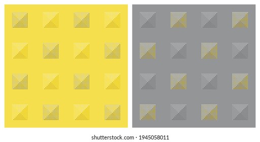 Checkered pattern, pixel dots, pyramid shape top view, yellow gray. Abstract pattern seamless background. Color trend of 2021. Textured for fabric, tile, cover, poster, wall. Vector illustration.