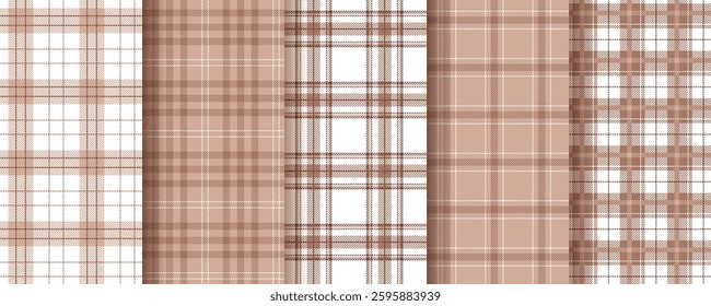 Checkered pattern. Plaid seamless background. Set brown fabric prints. Tartan shirt cloth. Flannel gingham textures. Mocha Mousse lumberjack tablecloth. Geometric check backdrops. Vector illustration