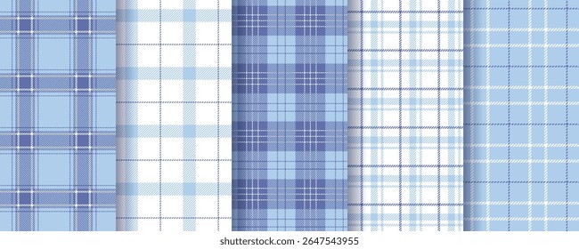 Checkered pattern. Plaid seamless background. Set blue purple fabric prints. Tartan shirt cloth. Flannel gingham textures. Vichy check tablecloth. Geometric lumberjack backdrops. Vector illustration
