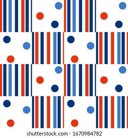 Checkered pattern and Polka dot. Vertical stripes of different widths. Blue, light blue, orange colors. Seamless geometric pattern. For fabric, wrapping paper, Wallpaper, and other surfaces . Vector