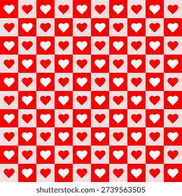 Checkered pattern in red and white. Heart in a square. Ethnic  pattern. Seamless, simple pattern that is suitable   for backgrounds, wallpaper and fabric. Beautiful heart in a cage. 