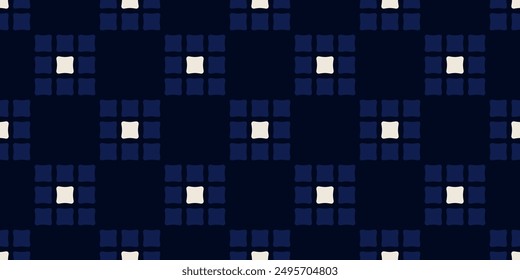 Checkered pattern repeating checks continuous background. Abstract diamond texture elegant geometric motif shades of blue. Modern fabric design textile swatch allover print block. Vector graphic.