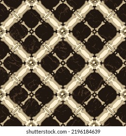 Checkered pattern with rhombus grid of bones, distressed wood textured squares, golden beads. Classical argyle vector seamless background for Halloween, Dia de Muertos decoration.