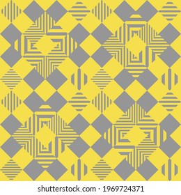 Checkered pattern Seamless abstract background. Yellow diamond shape, large and small gray lines, vertical and horizontal. Textured for fabric, tile, poster, textile, flyer, wall. Vector illustration.