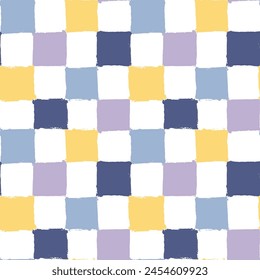 Checkered Pattern. Seamless background with painted checks. Colorful textured checkerboard print. Brush strokes squares backdrop. Chessboard wallpaper. White, yellow, purple and blue repeated tiles