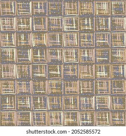 Checkered pattern. The semblance of a rough burlap. Brown, beige and blue. Seamless texture.