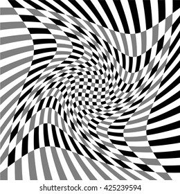 Checkered pattern with spiral, twirl, swirl distortion effect. Editable vector.