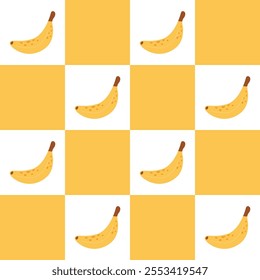 Checkered pattern with stylish banana fruit print. Abstract tropical fruit retro vector seamless pattern