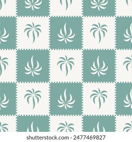 Checkered pattern with stylish palm tree print. vector seamless pattern in green