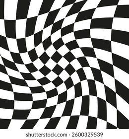 Checkered pattern. Wavy black white. Optical abstract texture. Distorted chessboard shape.