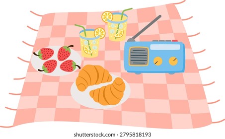 Checkered picnic blanket filled with snacks, drinks, strawberries, croissants, and radio. Perfect for summer picnic or food blog themes.