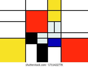 Checkered Piet Mondrian style emulation. The Netherlands art history and Holland painter. Colorful Dutch mosaic or checker line pattern banner or card. Vector isolated on white background 