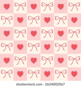 checkered pink coquette bows with hearts seamless pattern. pink background. for surface pattern design, print, wallpaper, wrapping paper