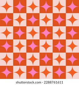 Checkered Pink and orange Mid Century Atomic retro starbursts seamless pattern. For textile, home decor and fabric